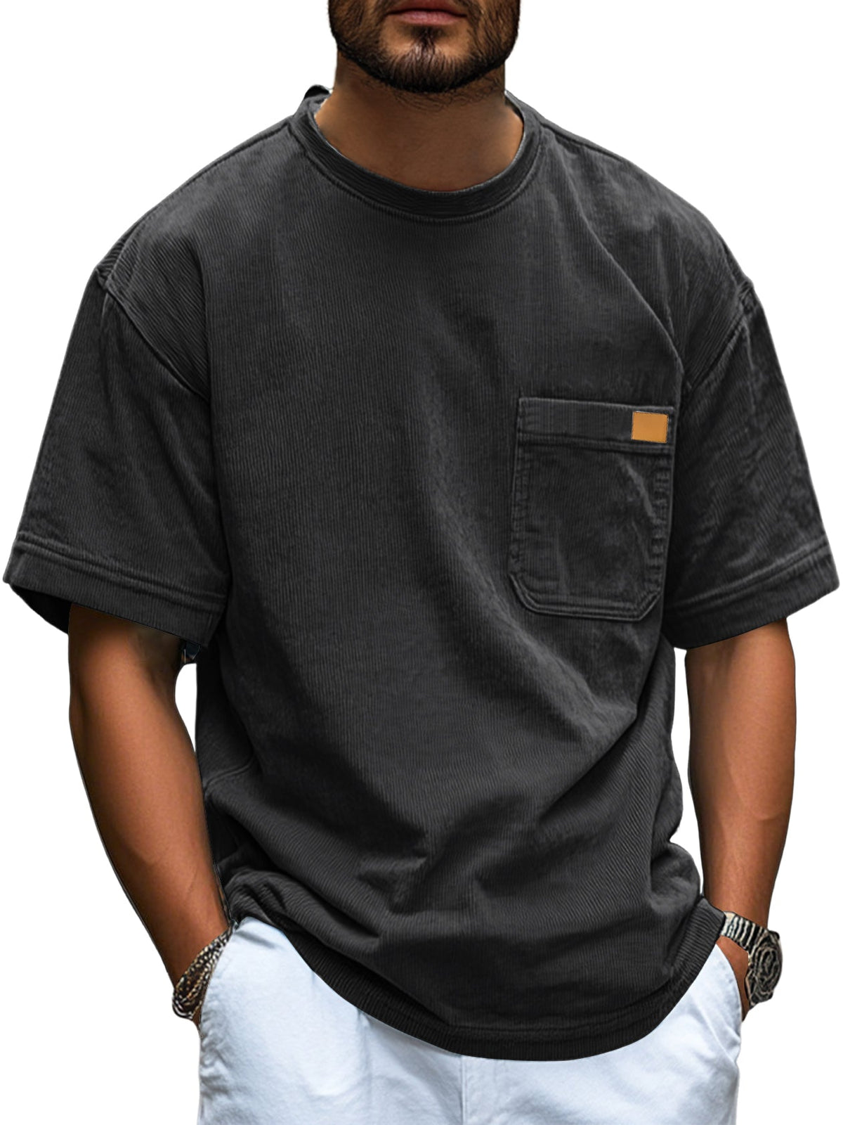 Men's Fashion Retro Corduroy Simple Embroidered Logo Pocket Casual Short-sleeved T-shirt