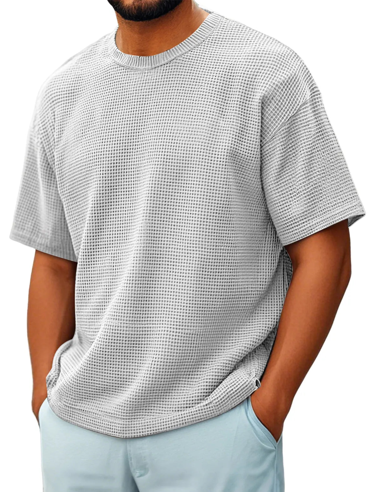 Men's Round Neck Waffle Casual Short-sleeved T-shir