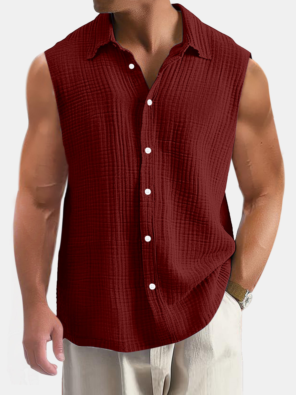 Men's Summer Casual Simple Puff Wrinkle Sleeveless Shirt