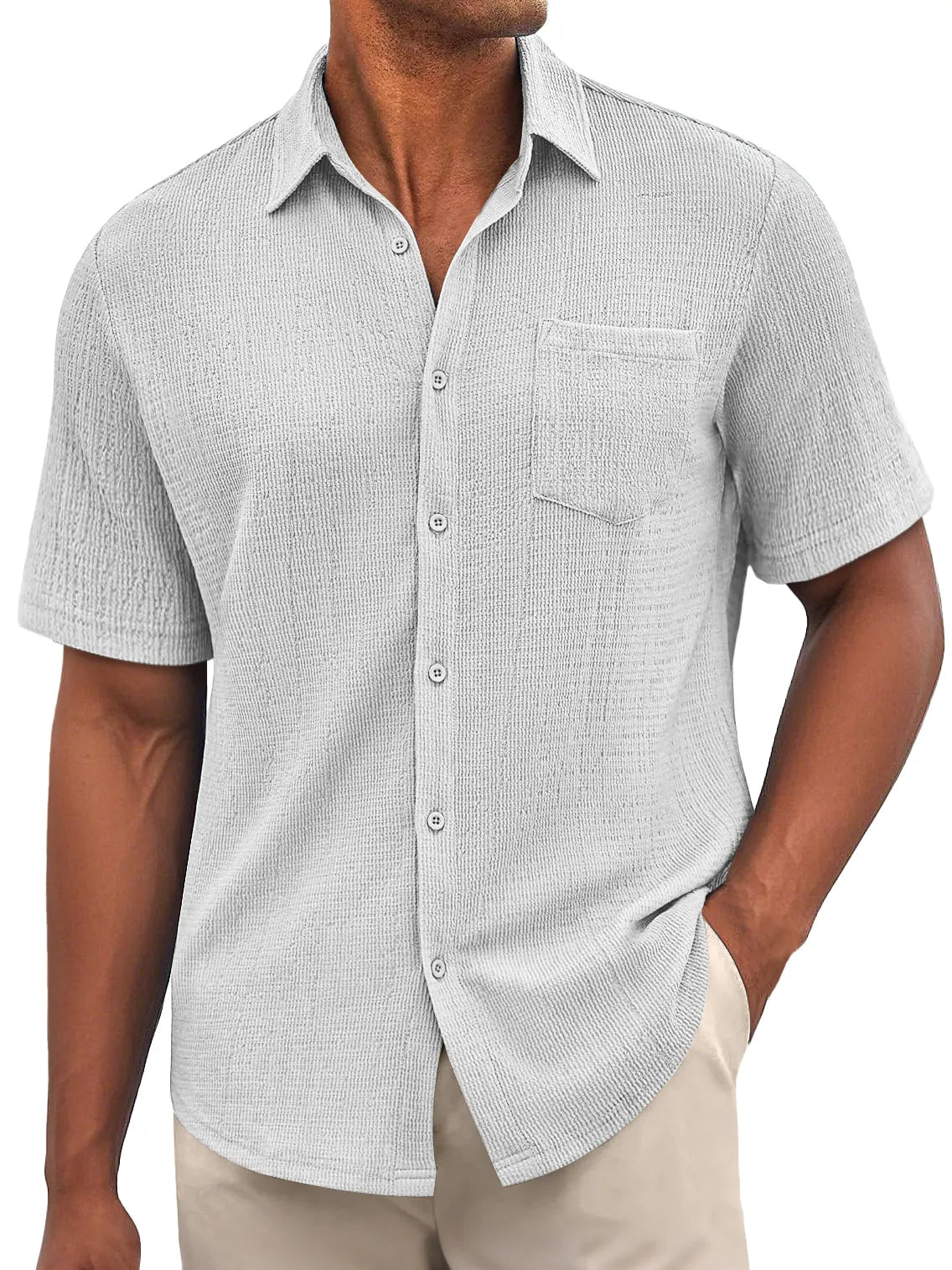 Men's Daily Bubble Wrinkle Casual Pocket Solid Color Short Sleeve Shirt