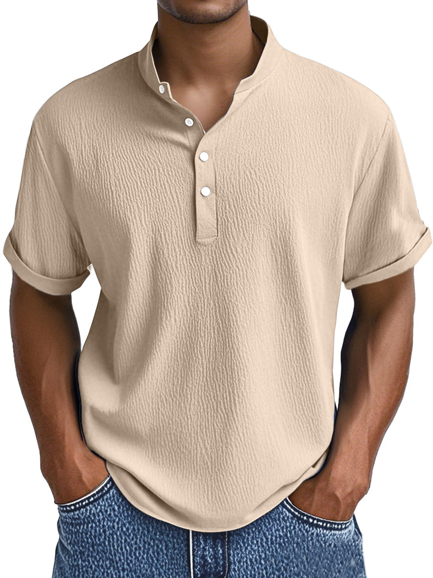 Men's Summer Daily Solid Color Pleated Texture Short-sleeved Henley Shirt