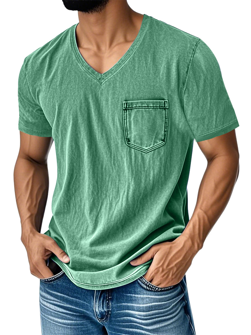 Men's Washed And Distressed Retro V-neck Pocket Casual Short-sleeved T-shirt