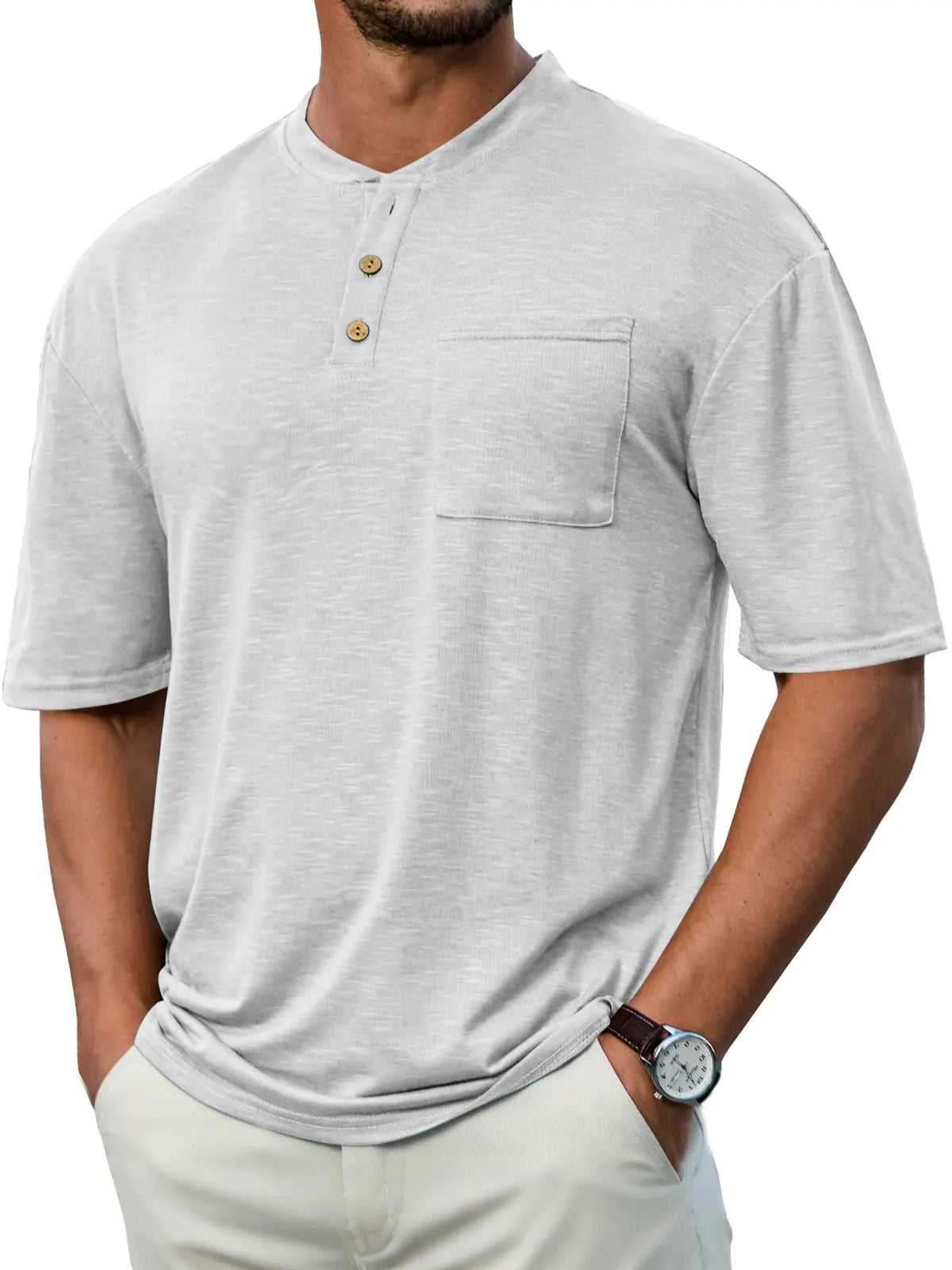 Men's Everyday Casual Stand Collar Pocket Comfort Short Sleeve Henley Shirt