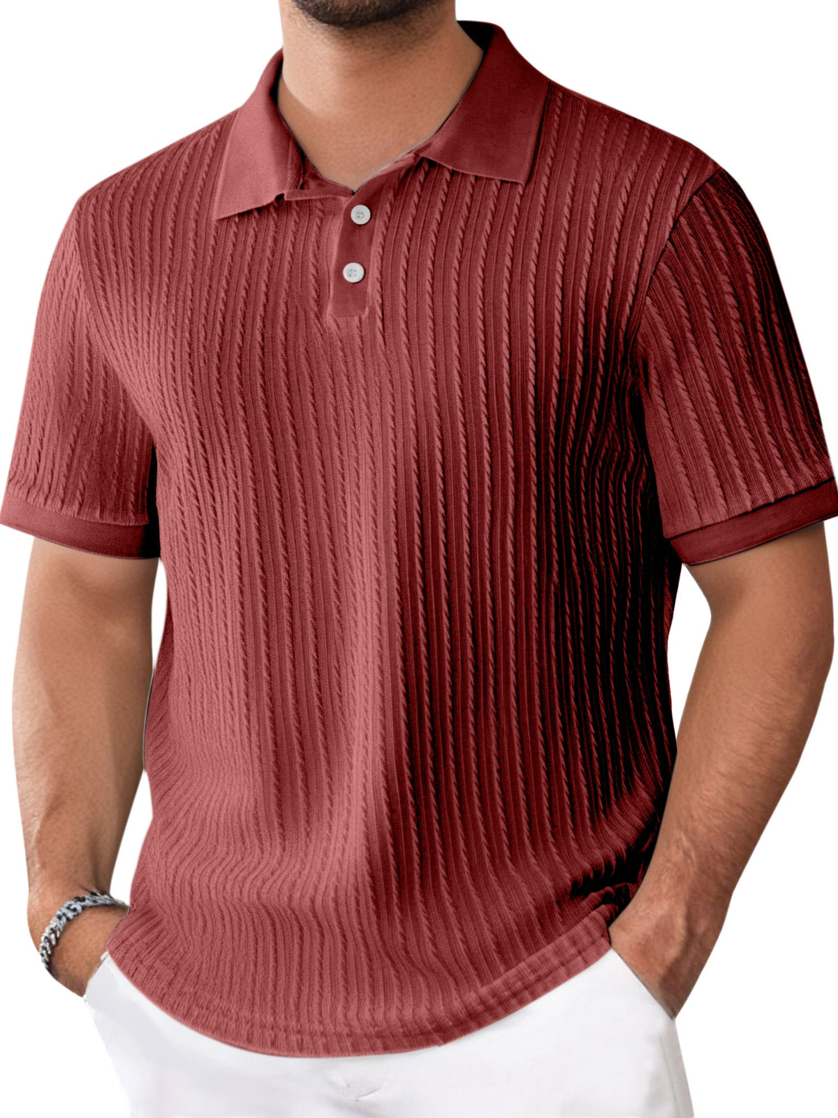 Men's Daily Solid Color Texture Short-sleeved Button-down Polo Shirt