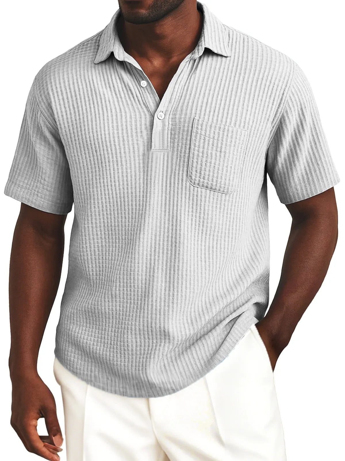 Men's Simple Everyday Solid Color Waffle Lapel Button-up Polo Shirt