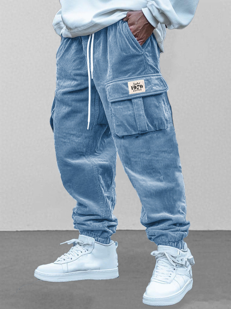 Men's Fashion Retro Workwear Pocket Elastic Drawstring Trousers