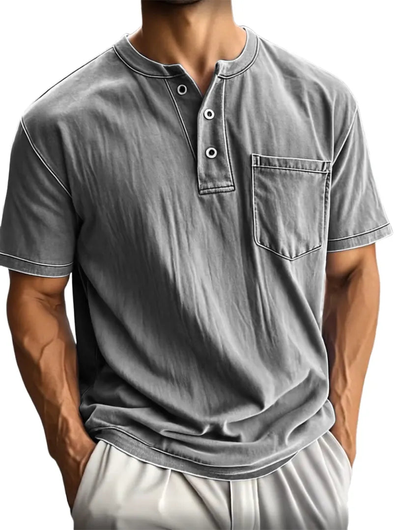 Men's Washed And Distressed Cotton Vintage Henley Collar Short-sleeved T-shirt