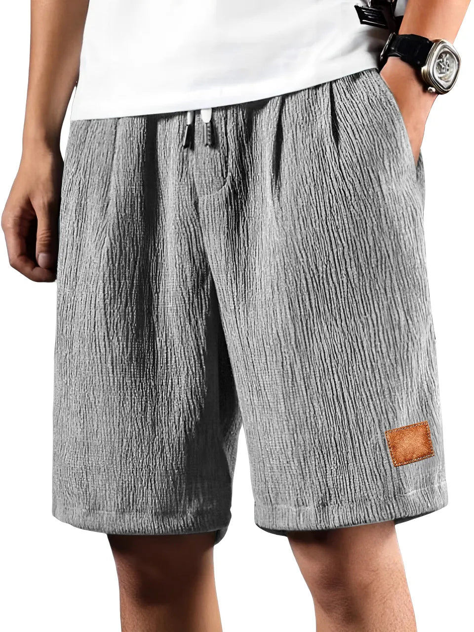 Men's Daily Pleated Texture Embroidered Logo Drawstring Casual Shorts