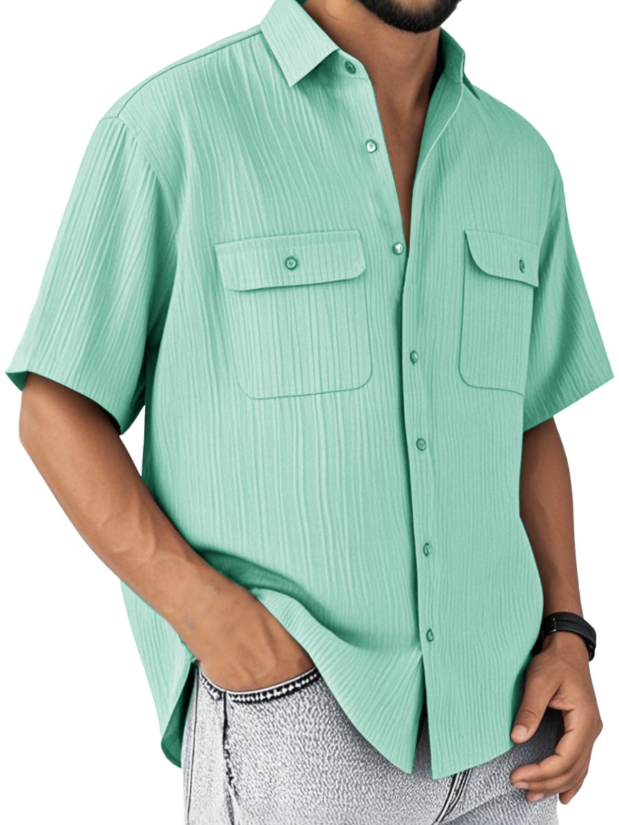 Men's Fashion Retro Double Pocket Lapel Short Sleeve Shirt