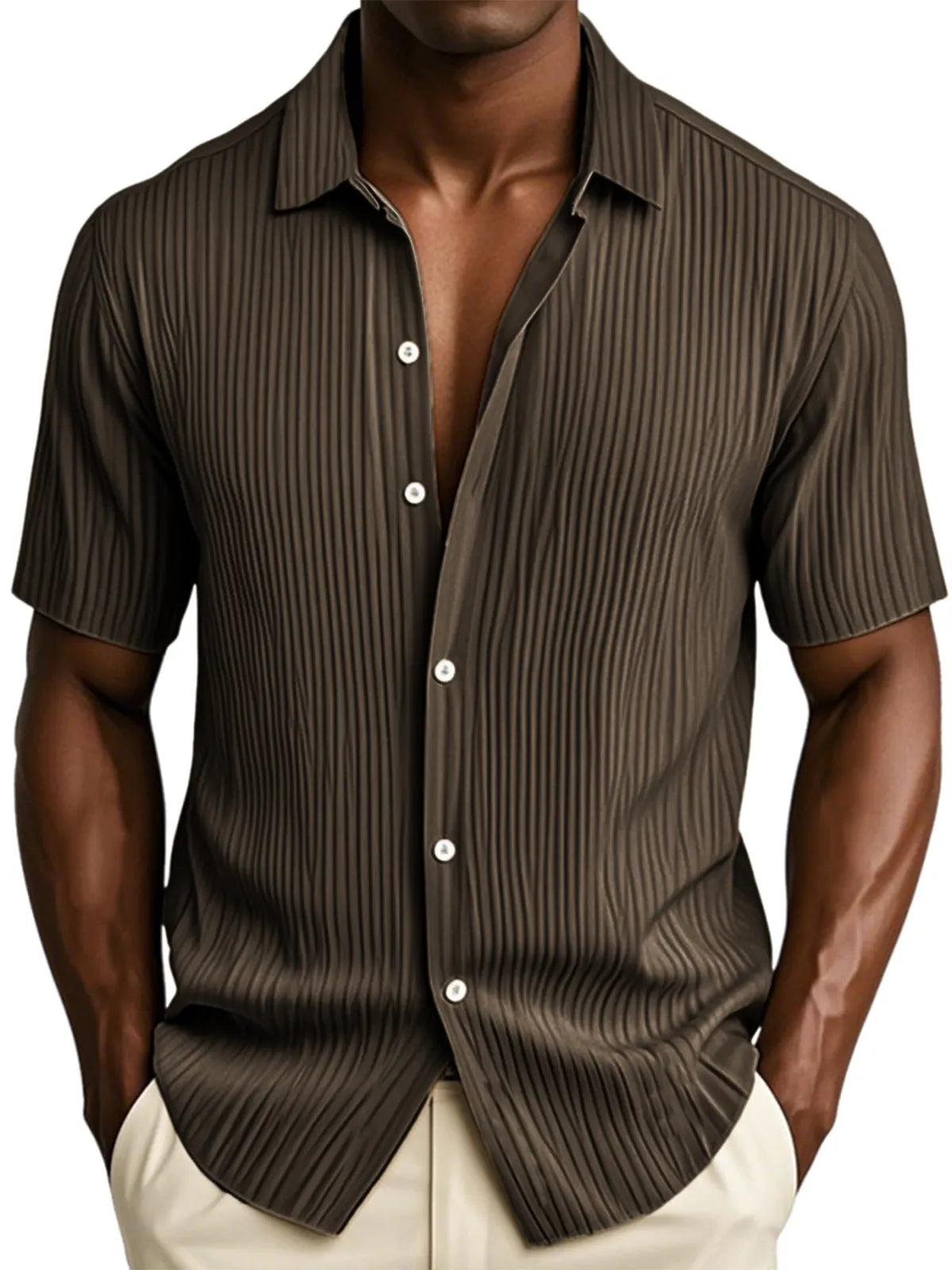 Men's Textured Vertical Striped Ice Silk Ripped Casual Button-down Short-sleeved Shirt