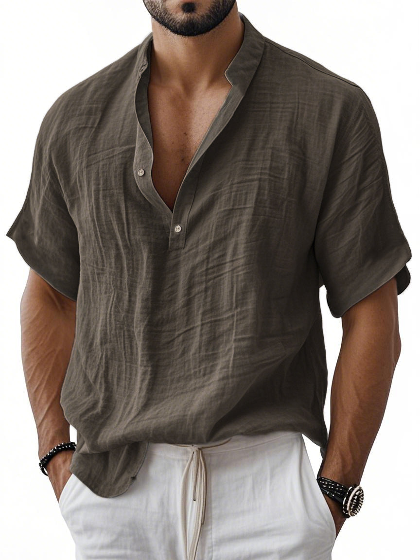 Men's Breathable Linen Henley Button Short Sleeve T-Shirt Henley Shirt