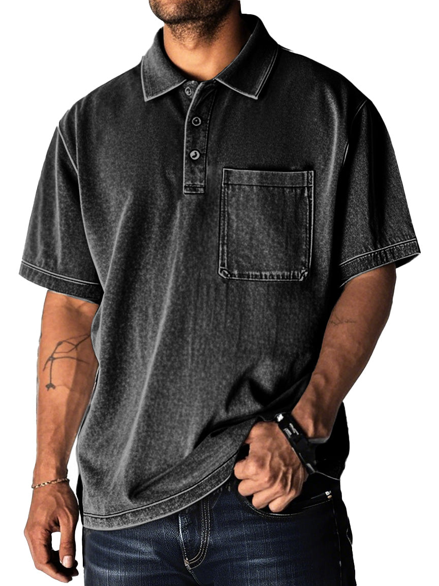 Men's Fashion Retro Distressed Pocket Short Sleeve Lapel Polo Shirt
