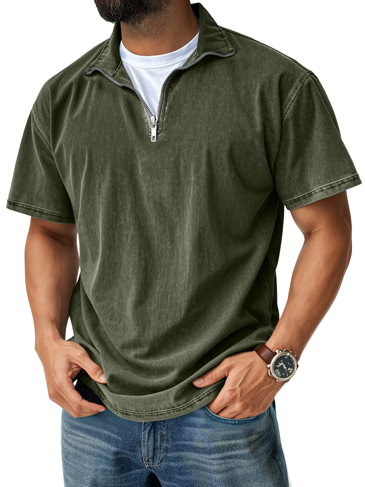 Men's Retro Casual Stand Collar Quarter-Zip Short Sleeve T-Shirt