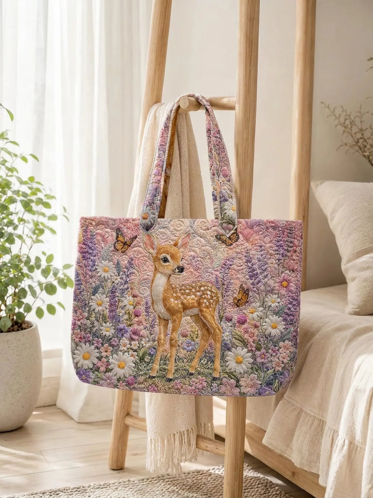 Fawn Wildflower Monarch Butterfly Patchwork Quilted Tote Bag