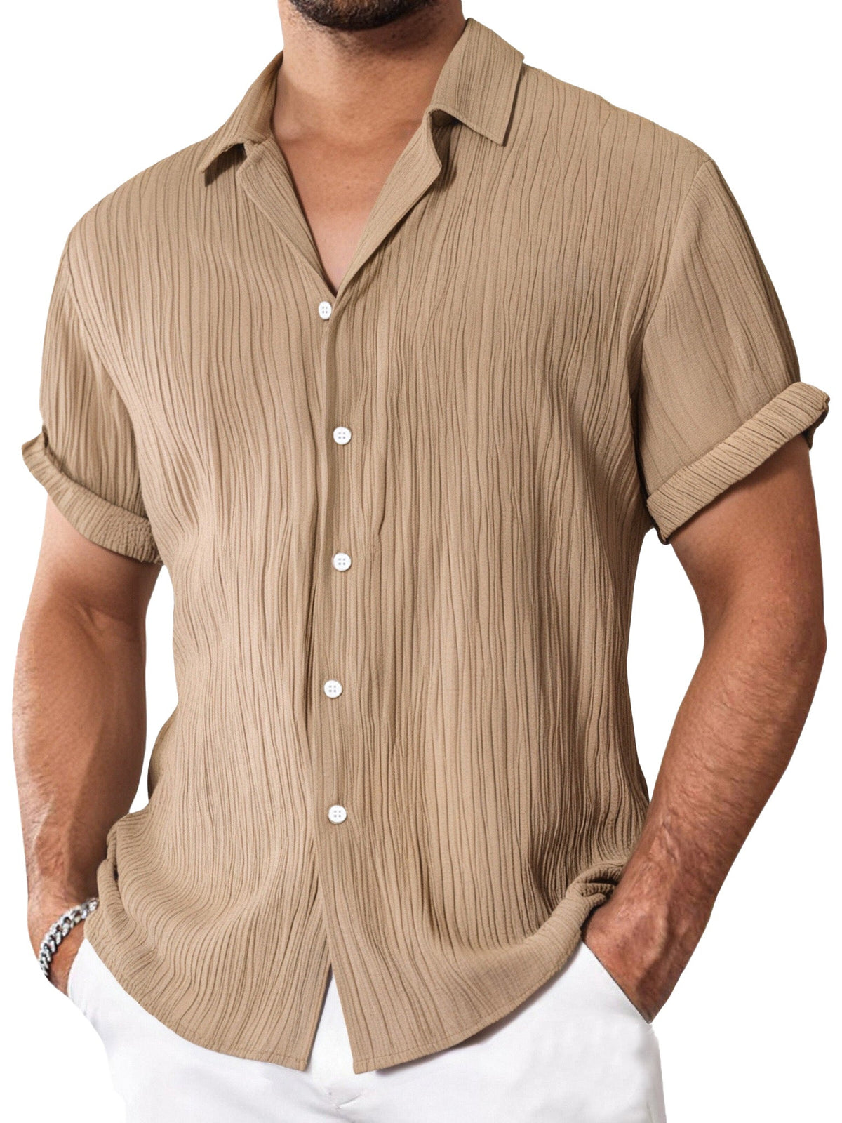 Men's Simple Everyday Textured Short Sleeve Lapel Button-down Shirt