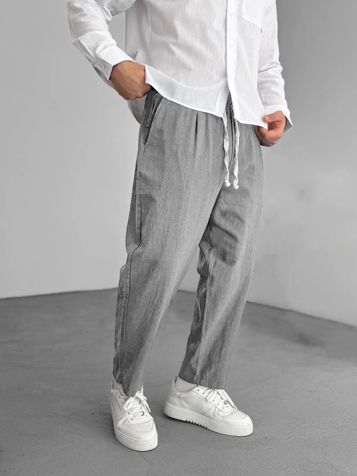 Men's Fashion Casual Hemp Fabric Elastic Drawstring Pocket Trousers