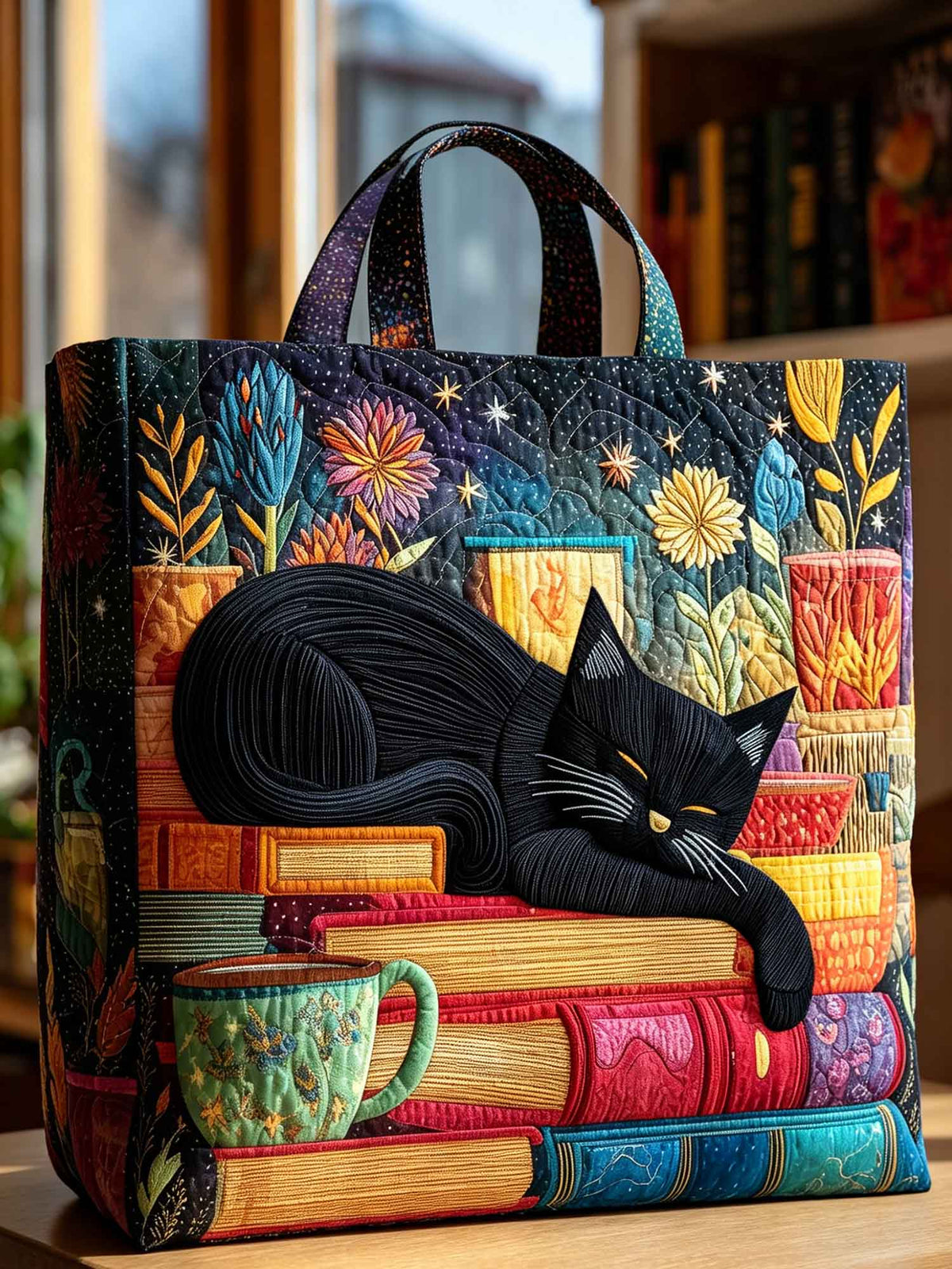 Sleeping Cat Quilted Tote Bag