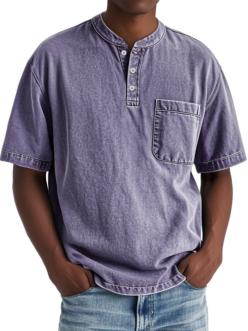 Men's Vintage Distressed Stand Collar Pocket Casual Short Sleeve Henley Shirt