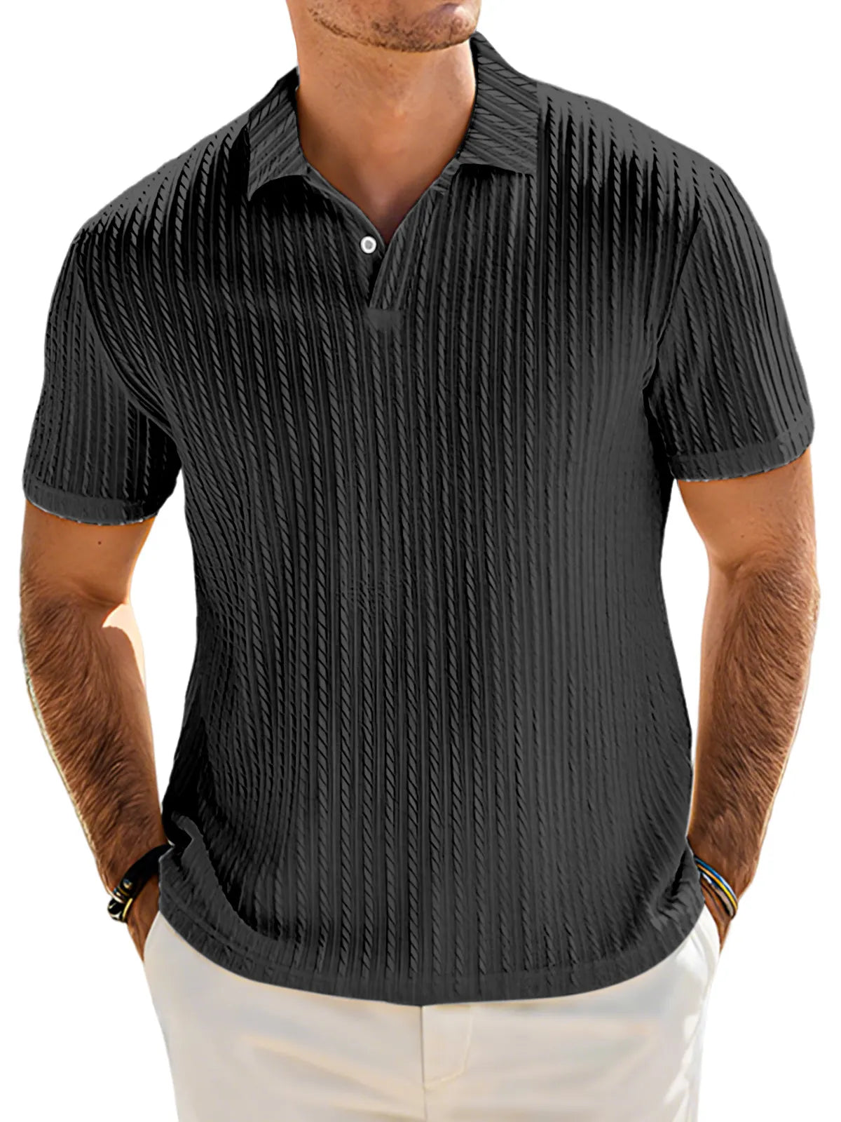 Men's Casual Solid Color Textured Lapel Button Short Sleeve Polo Shirt