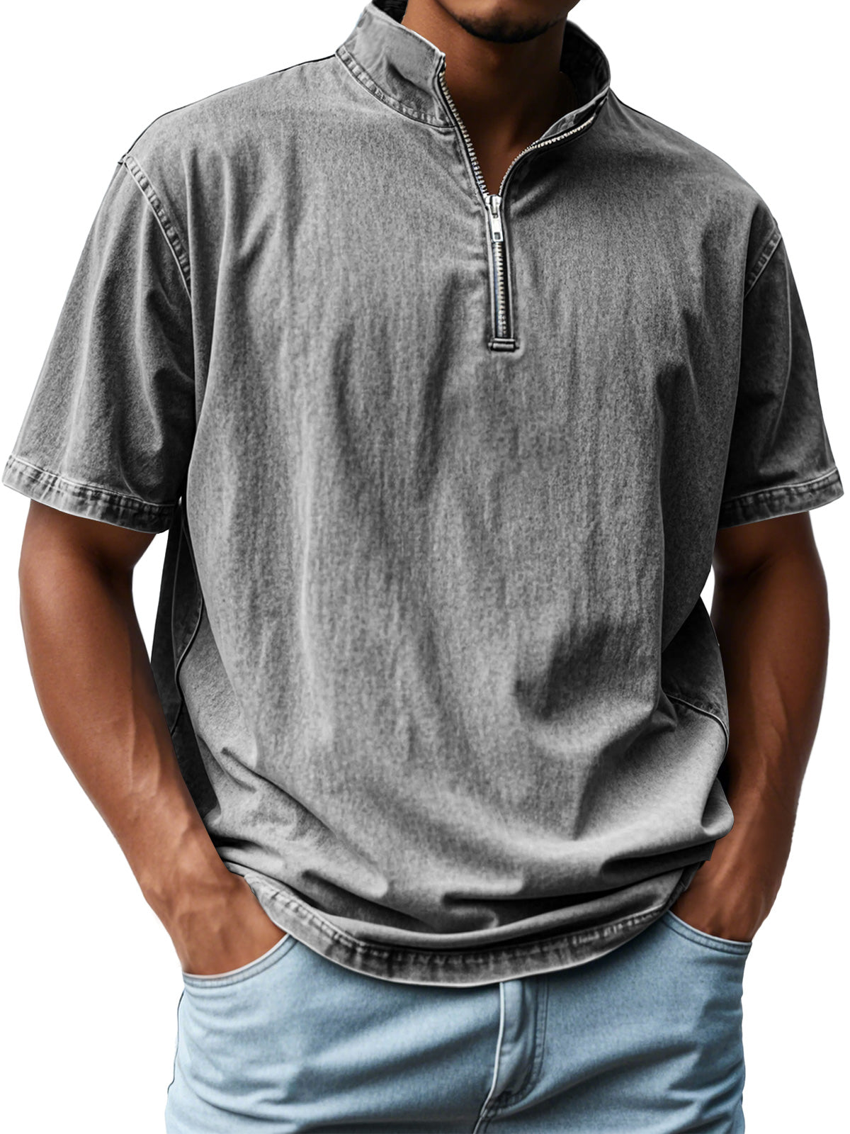 Men's Retro Stand Collar Zipper Casual Short Sleeve T-Shirt