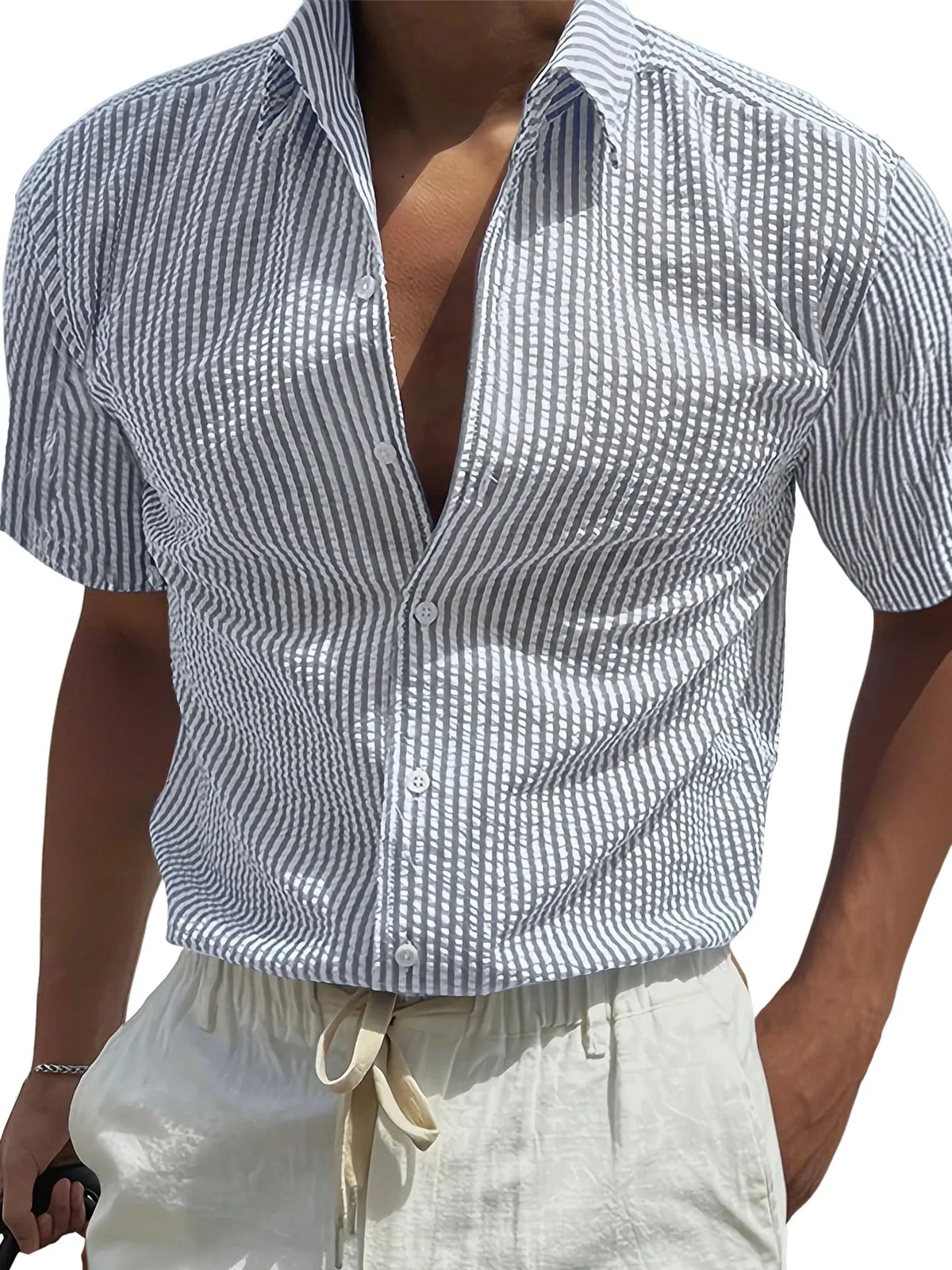 Men's Fashion Texture Striped Short-sleeved Shirt