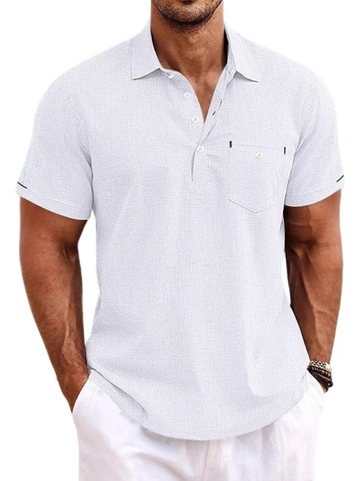 Men's Breathable Casual Button Chest Pocket Lapel Linen Short Sleeve POLO Shirt