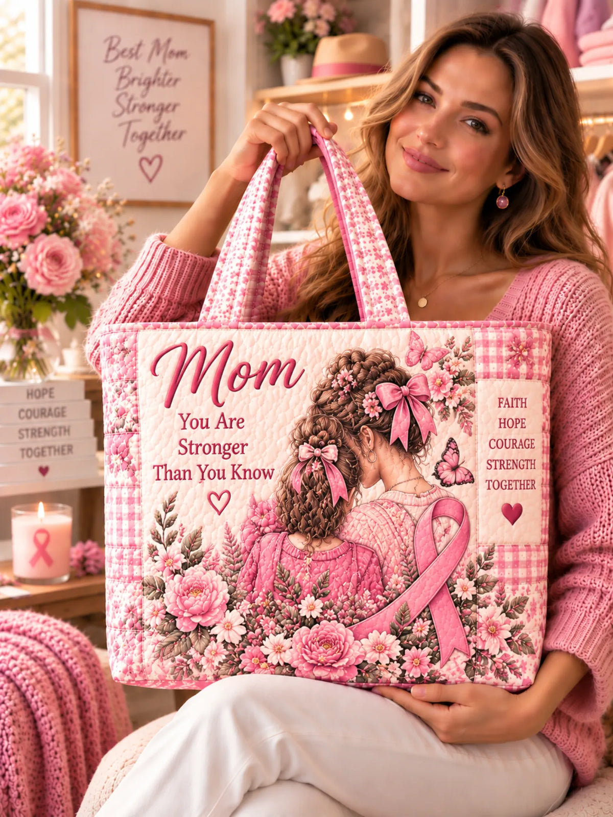 Mom You Are Stronger Than You Know Pink Ribbon Mother Daughter Floral Butterfly Patchwork Quilted Tote Bag