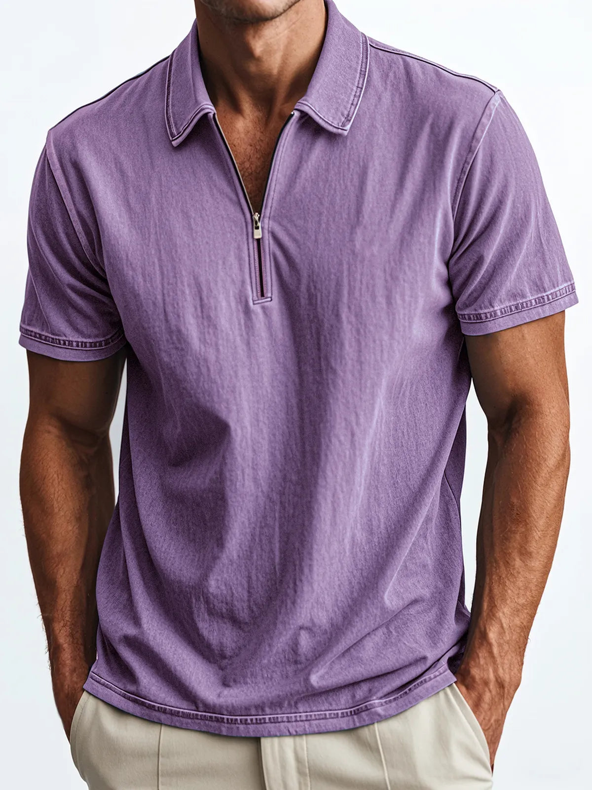 Men's Retro Quarter Zip Collar Casual Fit Polo Shirt