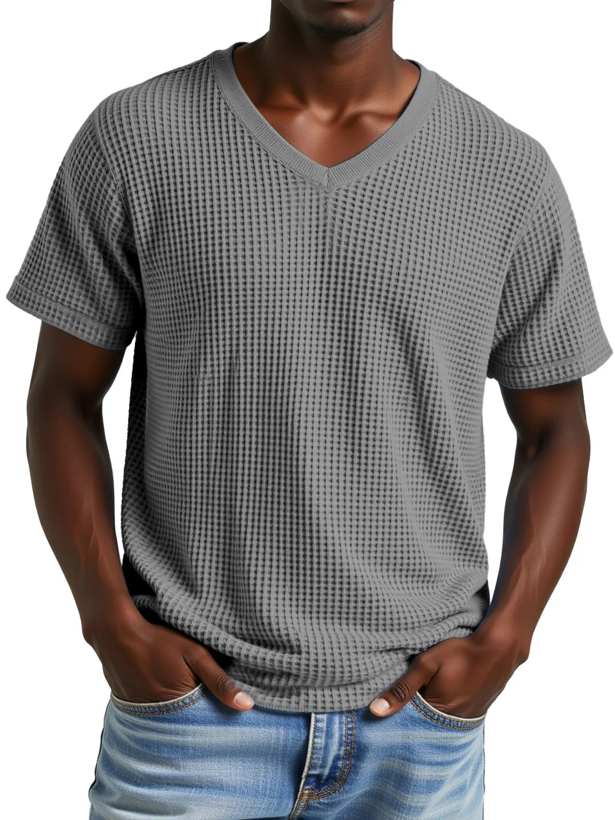 Men's Simple Casual Waffle V-neck Short Sleeve T-shirt