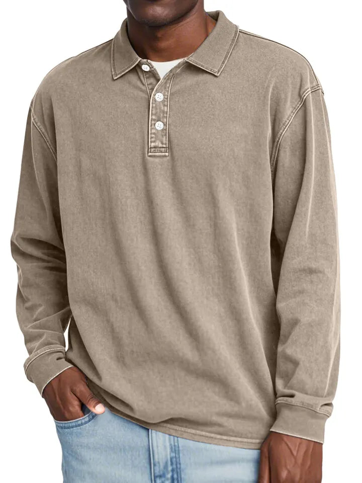 Men's Retro Lapel Button Solid Color Long Sleeve POLO Shirt