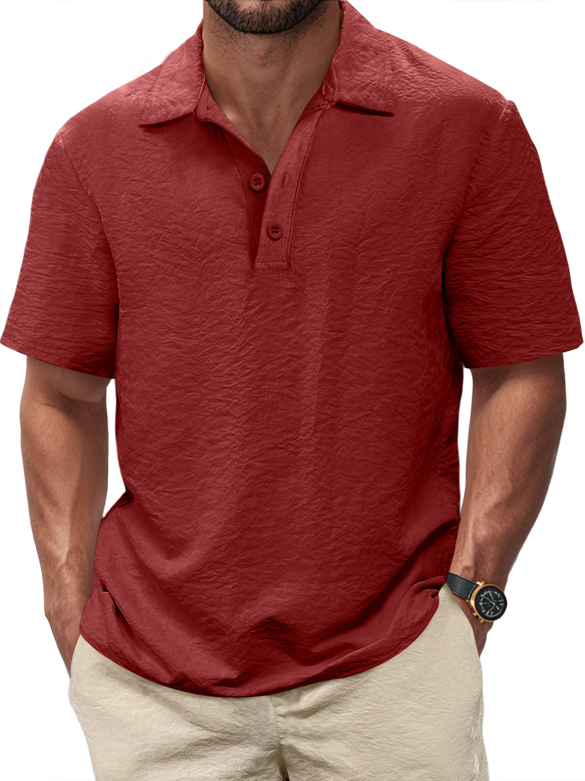 Men's Casual Pleated Texture Button Solid Color Short-sleeved Polo Shirt