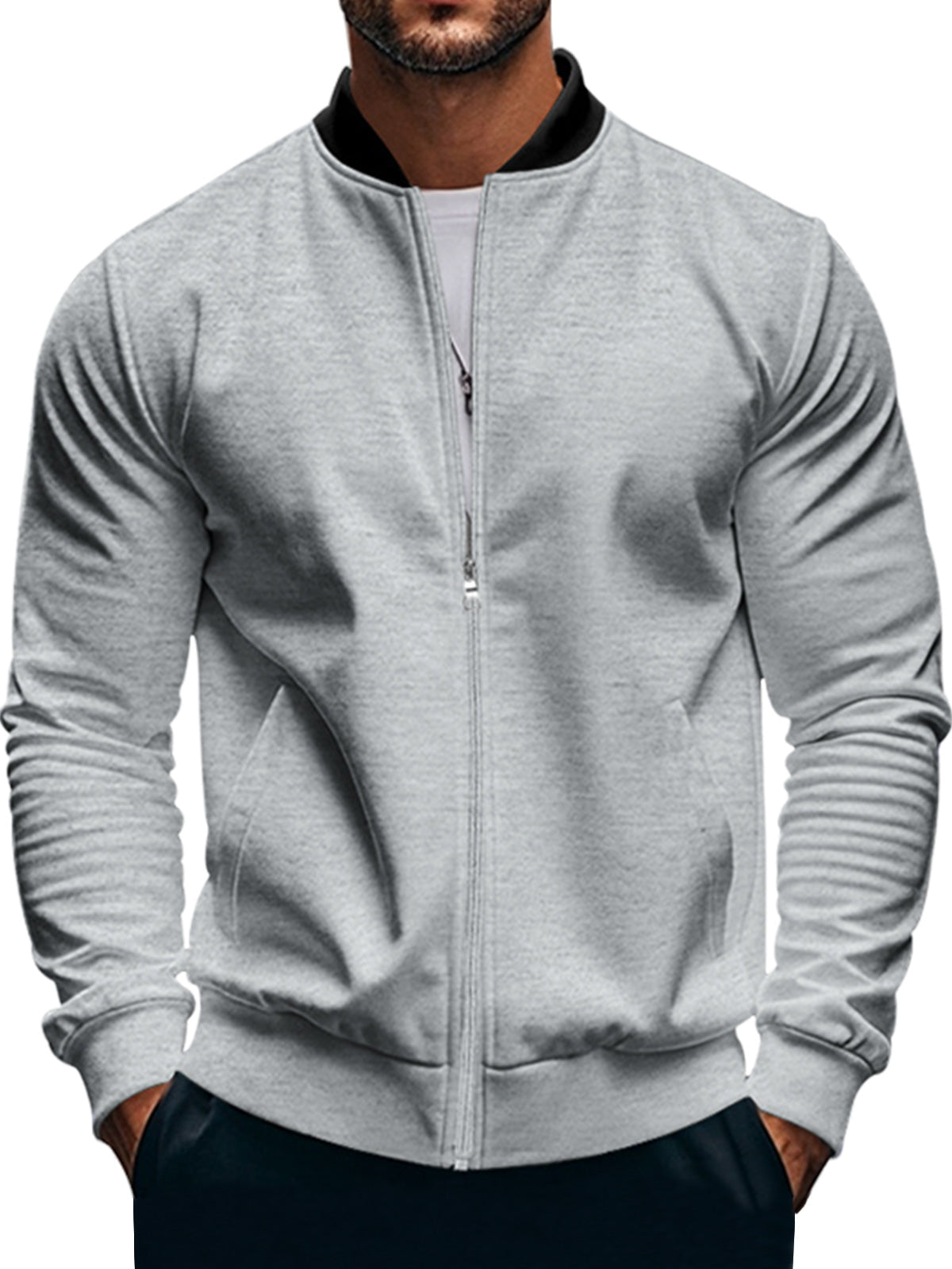 Men's Casual Stand Collar Zipper Long Sleeve Baseball Jacket