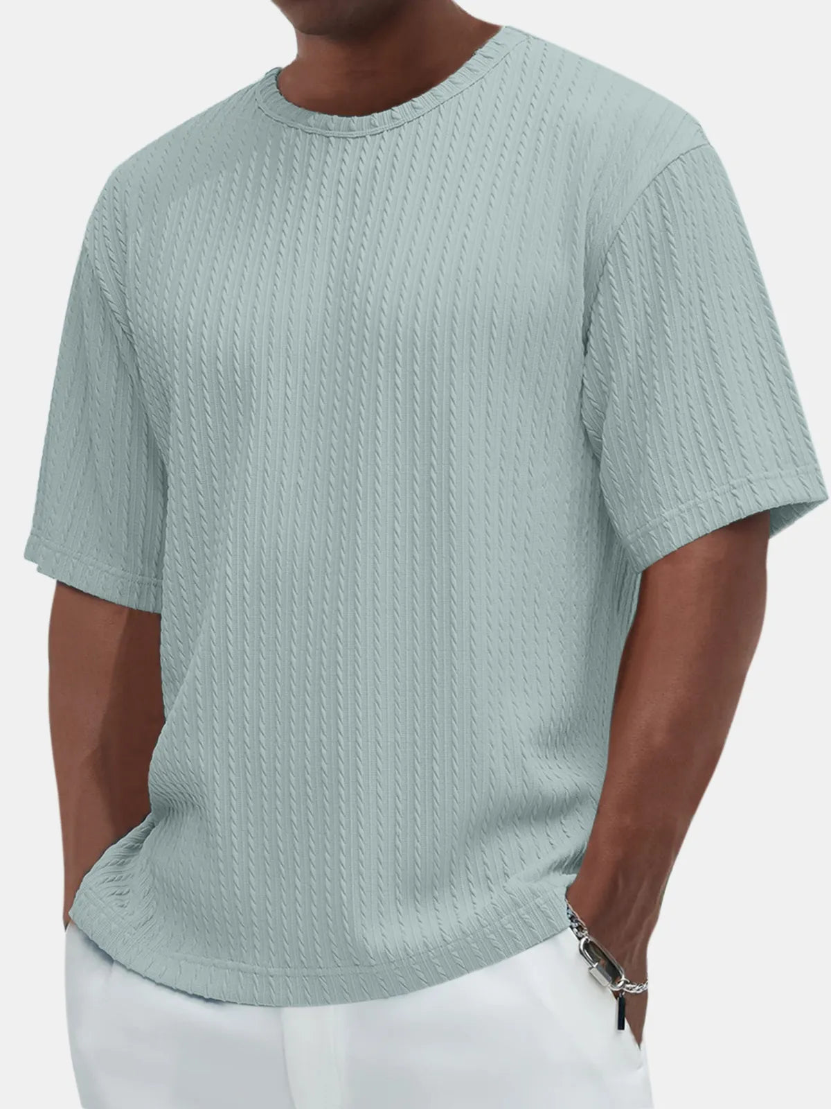 Men's Casual Solid Color Comfortable Daily Jacquard Texture Short-sleeved T-shirt
