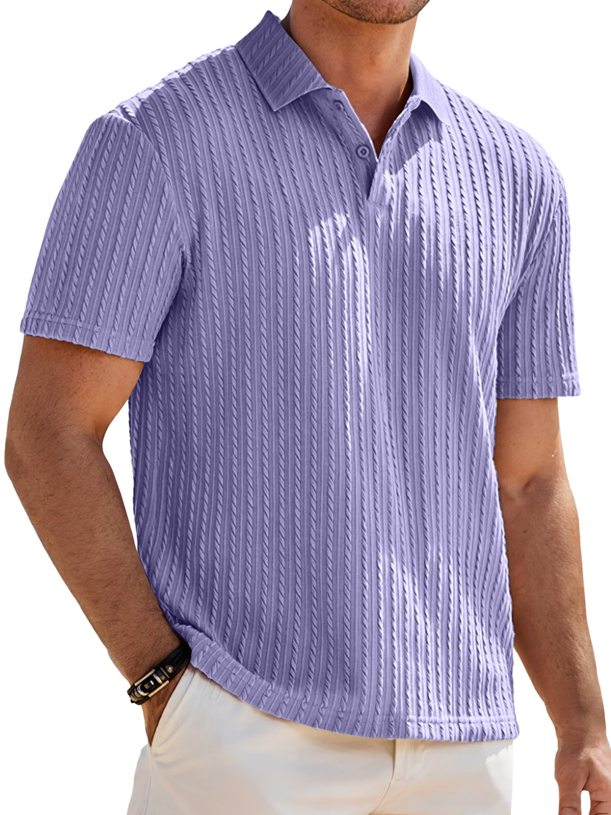 Men's Jacquard Texture Casual Lapel Button Solid Color Short-sleeved Polo Shirt