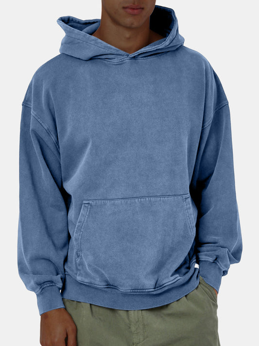 Men's Vintage Washed Cotton Solid Color Long-sleeved Hooded Sweatshirt