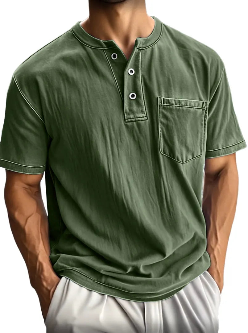 Men's Washed And Distressed Cotton Vintage Henley Collar Short-sleeved T-shirt