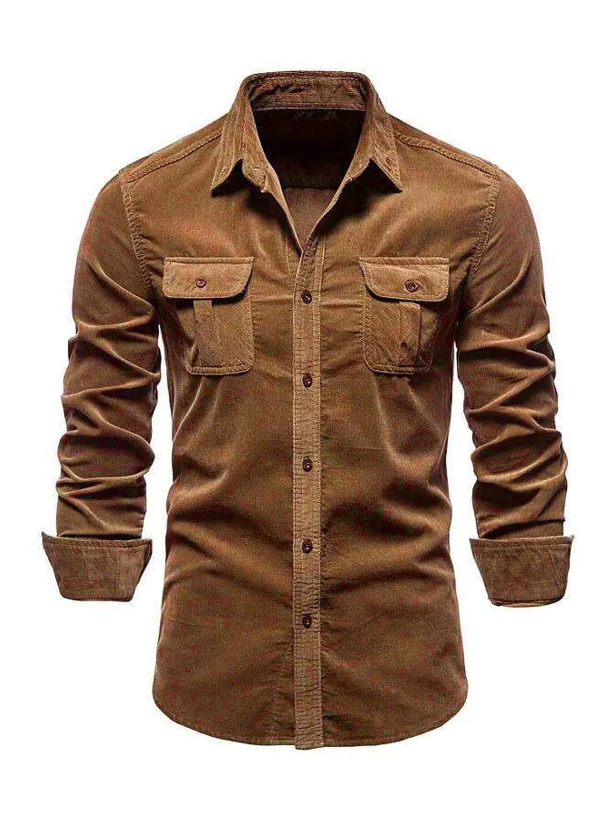 Men's Casual Corduroy Double Pocket Solid Color Long Sleeve Shirt