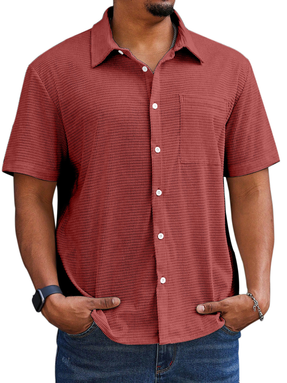 Men's Casual Simple Comfortable Waffle Short Sleeve Shirt