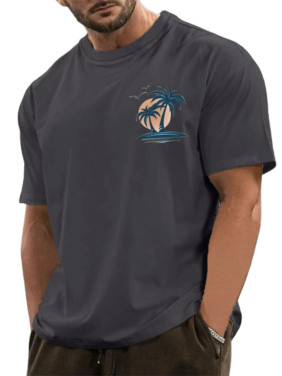 Men's Cotton Basic Casual Palm Tree Print Comfortable Short-sleeved T-shirt