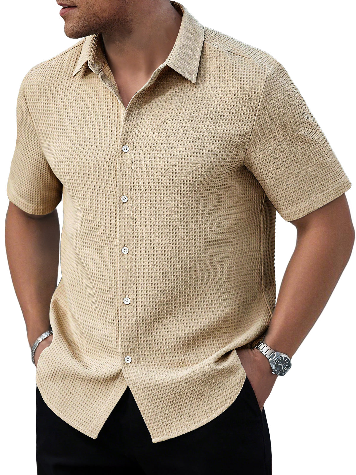 Men's Waffle Daily Casual Comfort Solid Color Short Sleeve Shirt
