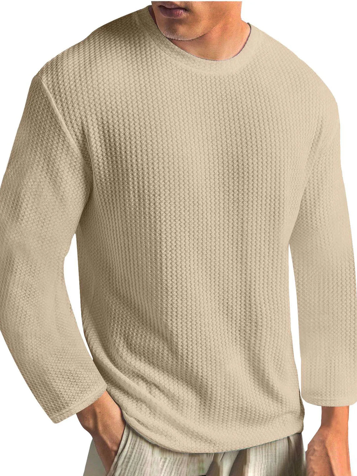 Men's Knitted Waffle Fabric Solid Color Basic Casual Base Outer Wear Long-sleeved T-shirt