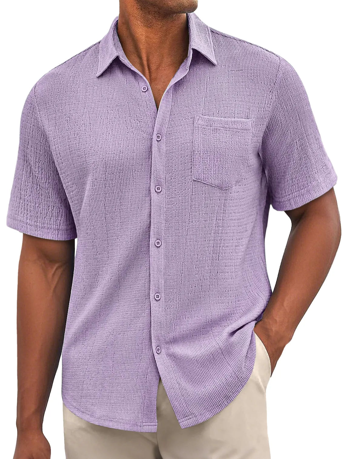 Men's Daily Bubble Wrinkle Casual Pocket Solid Color Short Sleeve Shirt