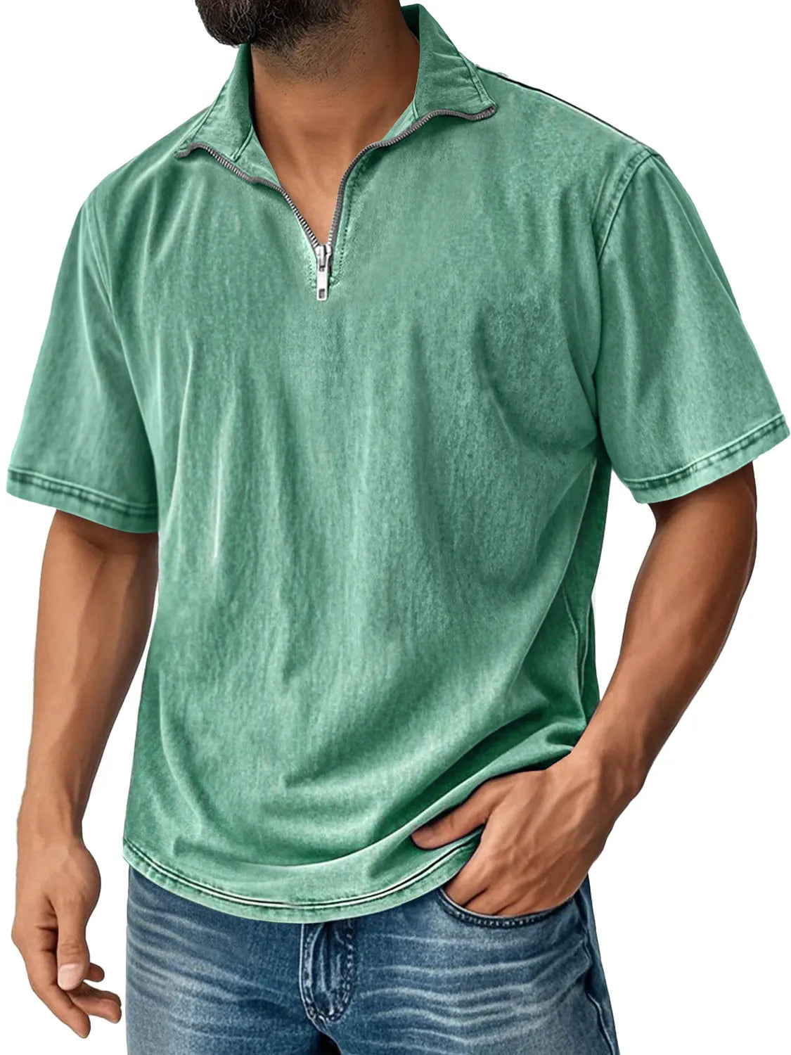 Men's Retro Stand Collar Zipper Casual Solid Color Short Sleeve T-shirt