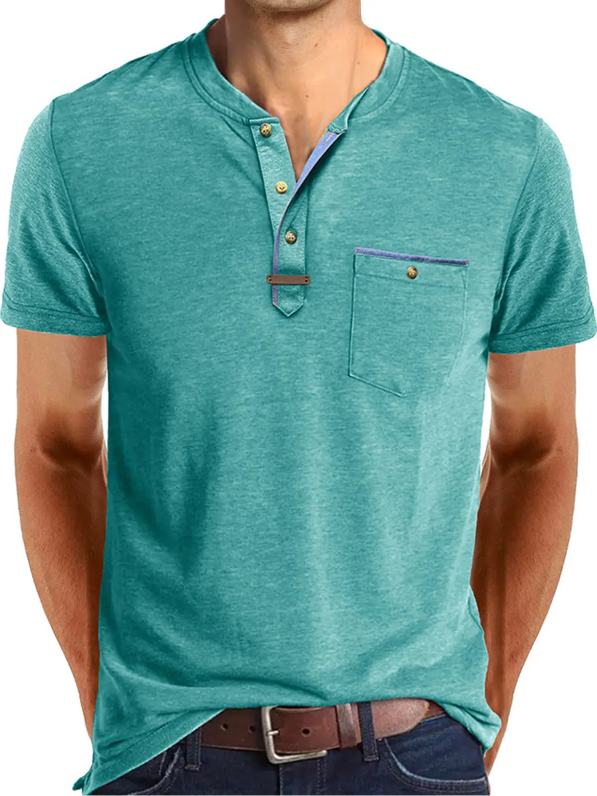 Men's Casual Button Solid Color Pocket Short Sleeve Henley Shirt