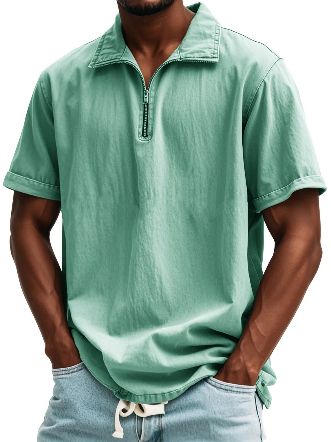 Men's Fashion Retro Zipper Stand Collar Short Sleeve Shirt