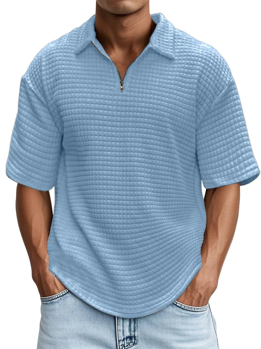Men's Waffle Fabric Zipper Short-sleeved Top
