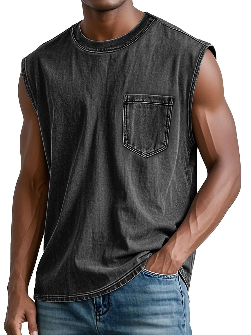 Men's Retro Washed Cotton Casual Round Neck Pocket Fashion Sleeveless Vest