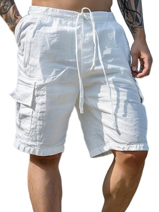 Men's summer beach pure cotton drawstring elastic waist casual shorts