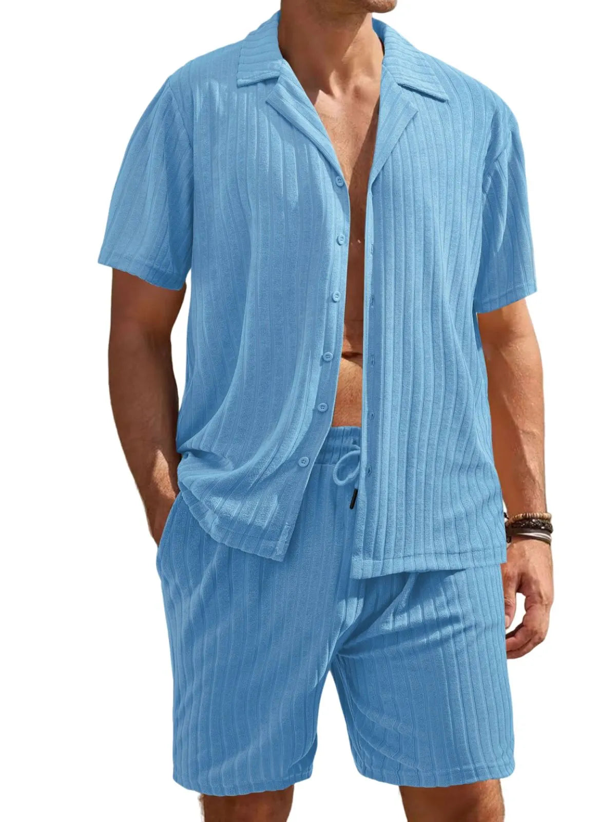 Men's Comfortable Towel Jacquard Casual Cardigan Short Sleeve Shorts Set