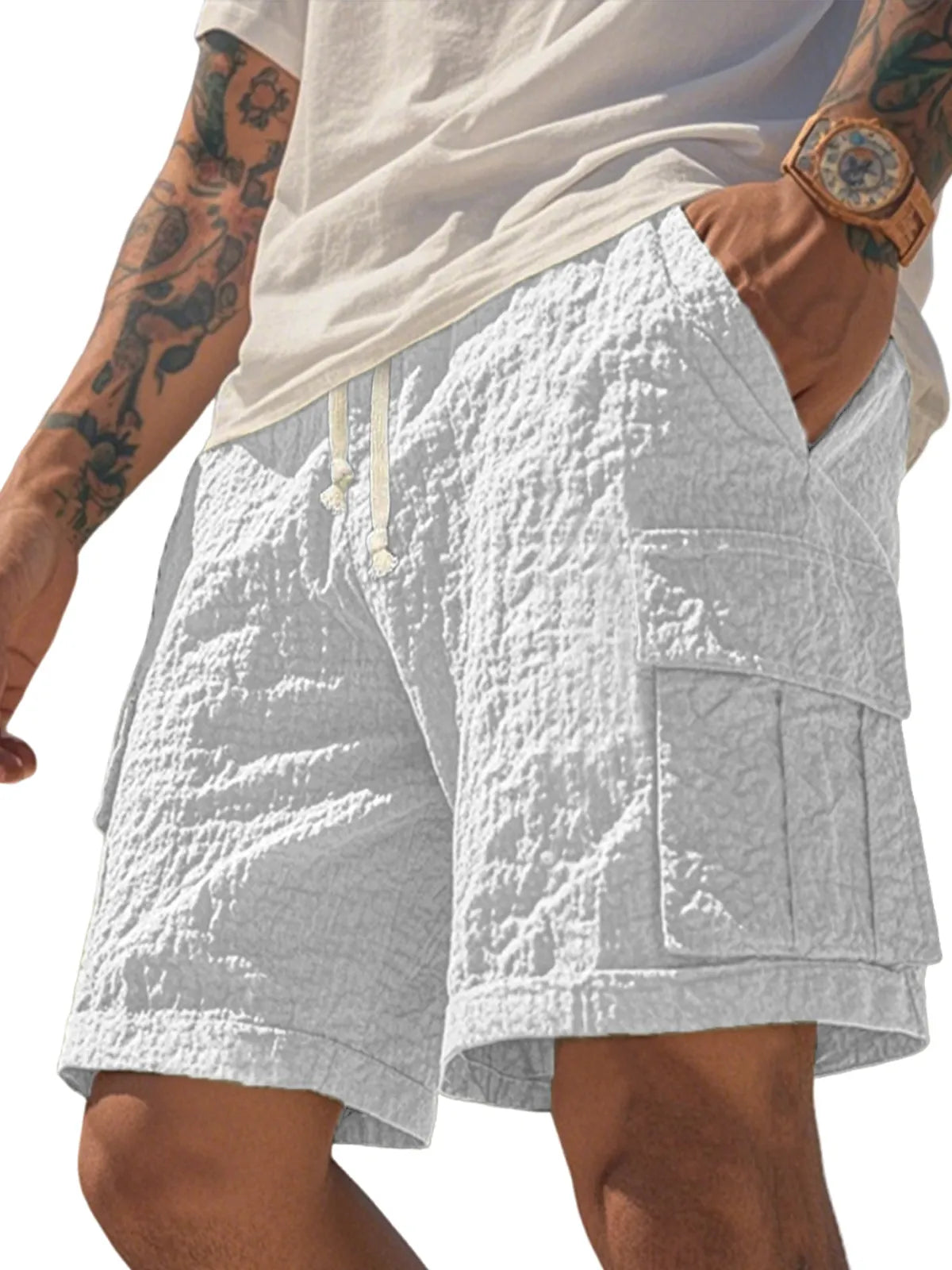 Men's Comfortable Seersucker Pleated Multi-Pocket Cargo Shorts Textured Casual Loose Casual Shorts